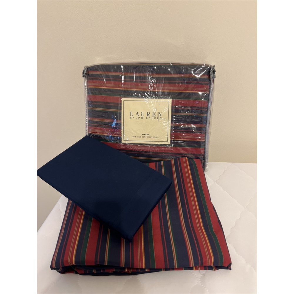 Ralph Lauren Studio Stripe Red King Duvet & 2 Ralph Lauren Navy King Pillowcases